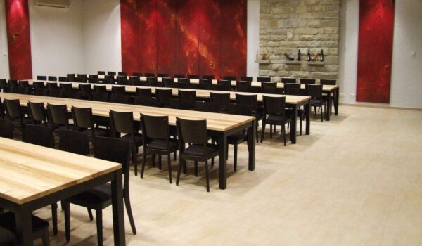 Kantinenholzstühle SLX124, Tischplatte hell, ergonomische Sitzmulde extra stabil 