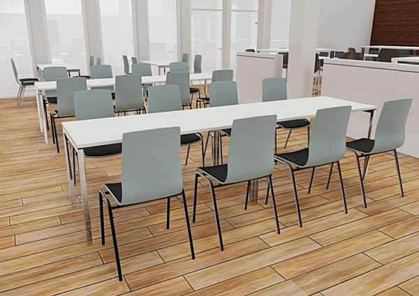 Stühle C3000 mit Holzschale und Stahlgestell für die Kantine, mit Sitzpolster, gletscherblau gebeizt Stühle C3000 mit Holzschale und Stahlgestell für die Kantine, mit Sitzpolster, gletscherblau gebeizt