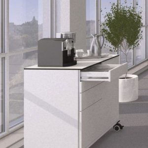 Meeting Points, weißes Modul zur Bewirtung
