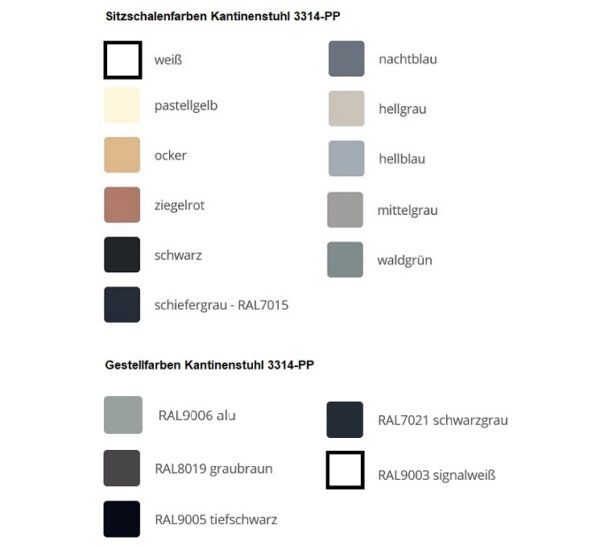 Oberflächenfarben Kantinenstuhl 3314-pp und 3257-pp